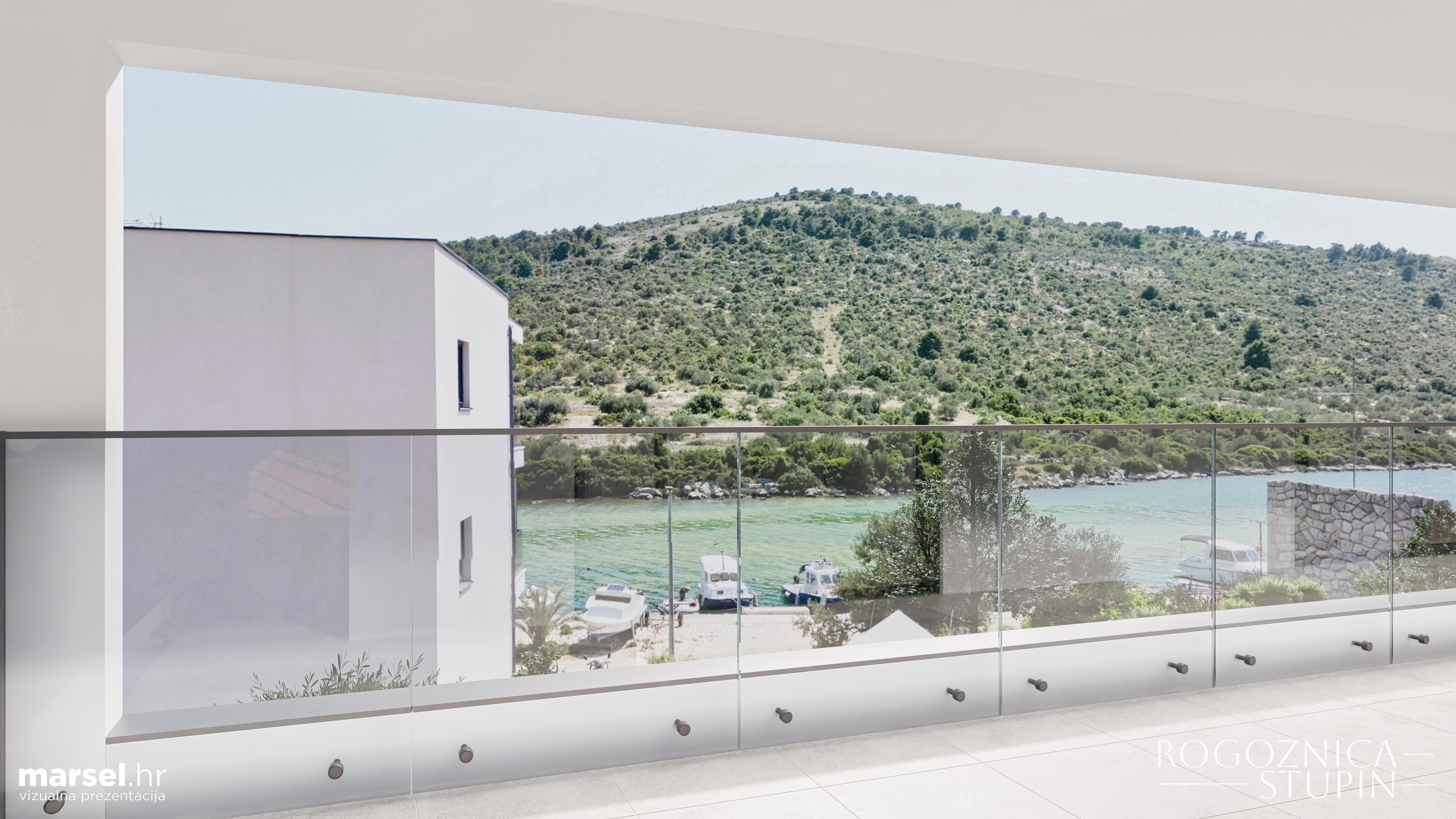 Vizualizacija interijera apartmana u novogradnji Rogoznica Stupin. Prostrani i svijetli unutarnji prostori s pogledom na more, idealni za stanovanje ili investiranje u apartman na dalmatinskoj obali.